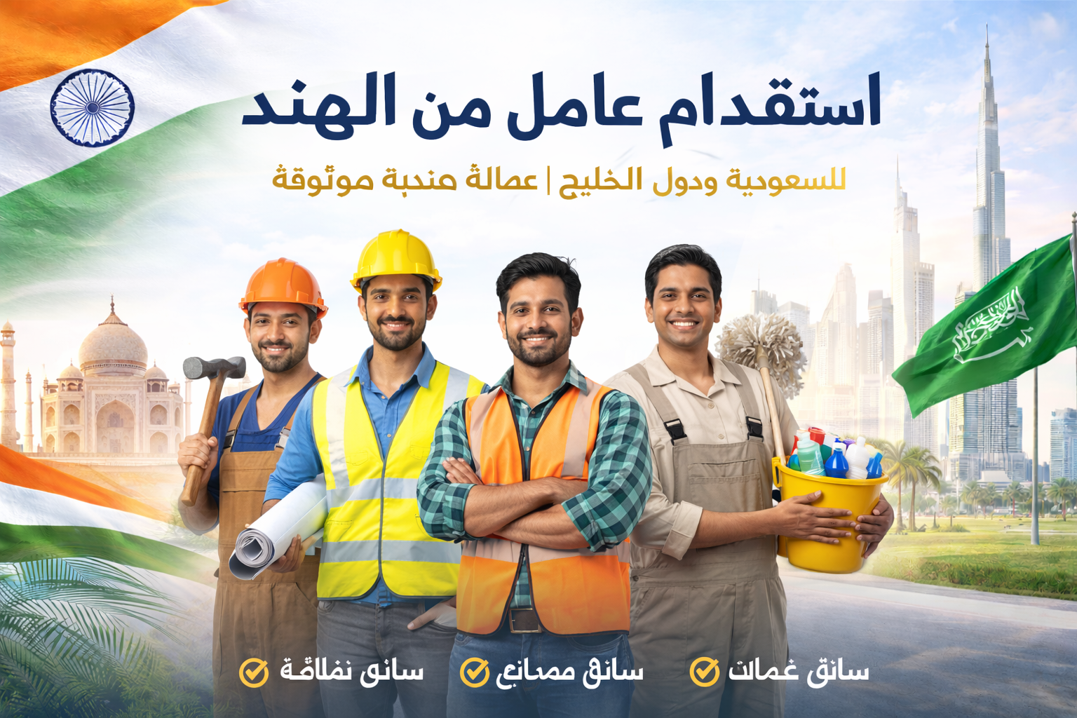 استقدام عامل من الهند للسعودية ودول الخليج | عمالة هندية مدربة وموثوقة